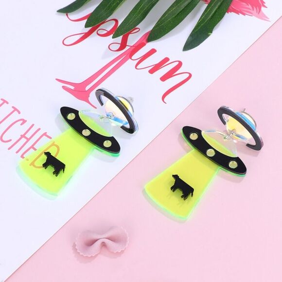 Neon Alien Space Ship Abducting‎ Cow Acrylic Earrings - Picture 5 of 9